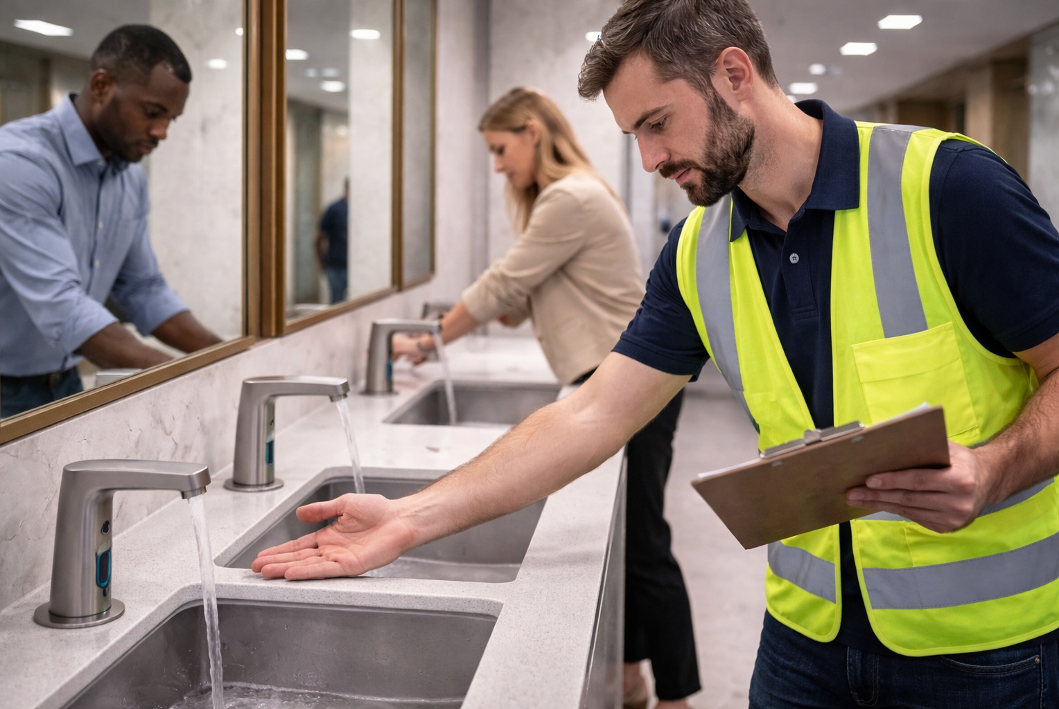 Checklist context image showing wash zone geometry for touchless faucets